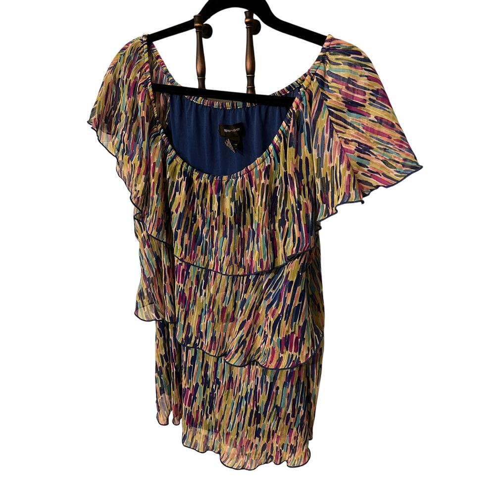 Spence Ribbon Print Chiffon Blouse Size Large Ruffle SS 
Lightweight Sheer Top
